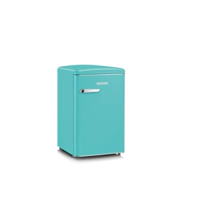 Abbildung von SEVERIN Retro Tischkühlschrank, inkl. platzsparender Kühloption, 2 x höhenverstellbare Abstellflächen, integriertes Gefrierfach, extrem leise 37 dB, 108 L Nutzinhalt, türkis, RKS 8834