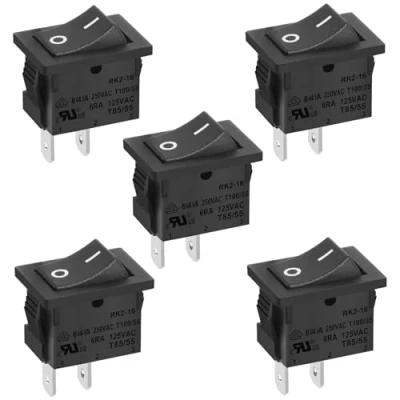Abbildung von Heschen Wippschalter, rechteckig, schwarz, ON OFF SPST 2 Positionen Klemmen 6A 250VAC / 125VAC UL VDE 5 Pack