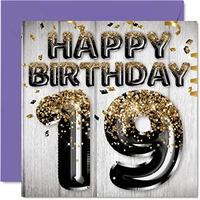 Abbildung von Geburtstagskarte zum 19. Geburtstag für Männer schwarze und goldene Glitzerballons Happy Karten 19 Jahre alten Mann Sohn Bruder Onkel Cousin 145 mm Neunzehnten Grußkarten Geschenk