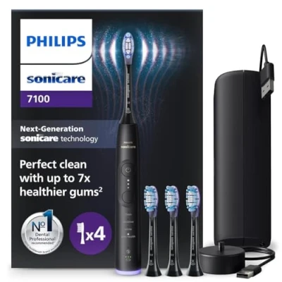 Abbildung von Philips Sonicare 7100 elektrische Zahnbürste, Schallzahnbürste mit App, 4 Putzmodi und 3 Intensitätsstufen, Andruckkontrolle, EasyStart, SmarTimer, Schwarz, Modell HX7421/08 [Neue Technologie]