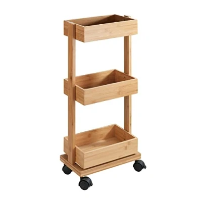 Abbildung von WENKO Regal Mod. Tortona, Rollregal mit 3 Ablagen, Badschrank aus Bambus, Badwagen, Rollwagen für das Bad, 18 x 71,5 31 cm, Natur