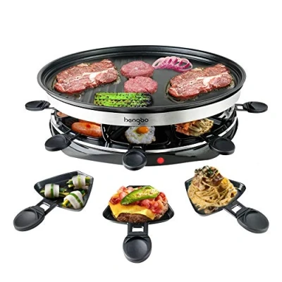 Abbildung von Raclette Grill 8 Personen, Elektrogrill Antihaftbeschichtet mit Pfännchen und 4 Holzspatel, Temperaturregelung für Familie Party 1500W Schwarz