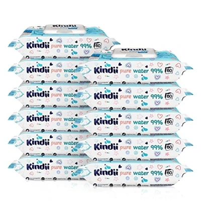 Abbildung von Kindii Feuchttücher Für Babys und Kinder Pure Water 99% 99%ige Zusammensetzung auf Wasserbasis Allantoin Unparfümiert Dermatologisch getestet empfindliche Haut 720 Stück 12x60