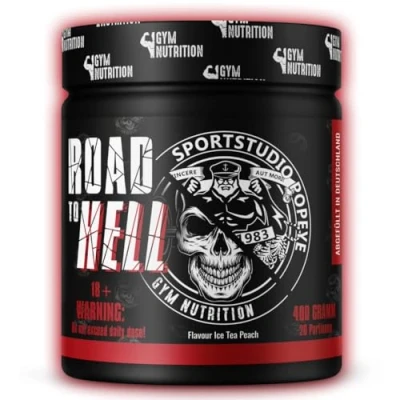Abbildung von ROAD TO HELL Ultra Hardcore Booster Pre workout Pulver ATP + L Arginin Citrullin Beta Alanin Koffein 400g in Zusammenarbeit mit Sportstudio Popeye Ice Tea Peach Geschmack Vegan