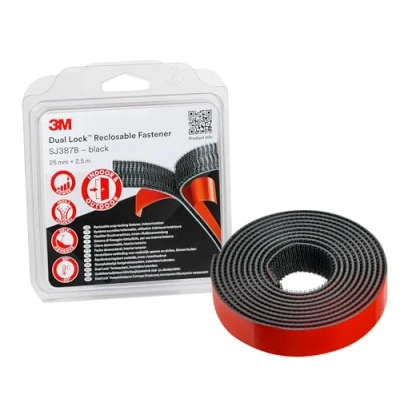 Abbildung von 3M Dual Lock SJ387B, wiederlösbares Befestigungssystem gute Haftung auf Metallen, Pulverlackbeschichtungen und Kunststoffen wie Acrylat ABS 25mm x 2.5m, Schwarz, Dicke: 6.1mm (1 er Pack)