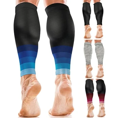Abbildung von aZengear Wadenbandage Muskelfaserriss für Herren, Damen, Fußlose Waden Kompressionsstrümpfe zur Abhilfe bei Schienbeinkantensyndrom und Krämpfen, Sport (Schwarz mit Marineblau, XXL)