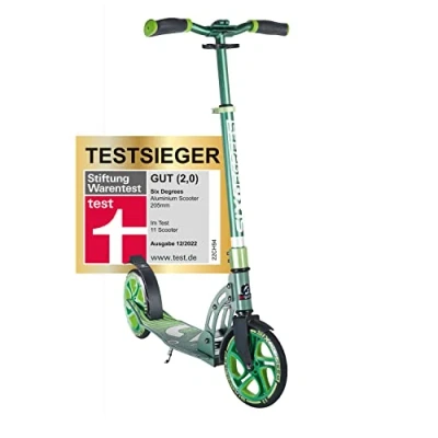 Abbildung von SIX DEGREES Aluminium Scooter mit Klappmechanismus u. Ständer, 205 mm, höhenverstellbar, GS geprüft, grün, TESTSIEGER