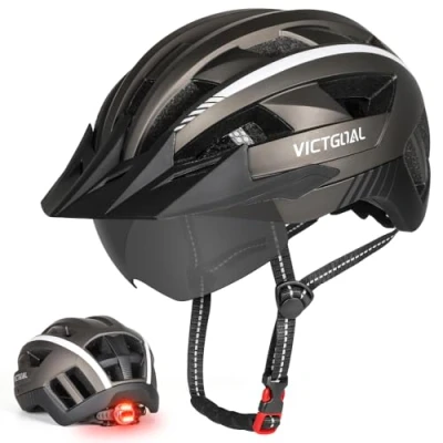 Abbildung von VICTGOAL Fahrradhelm MTB Mountainbike Helm mit magnetischem Visier Abnehmbarer Sonnenschutzkappe und LED Rücklicht Radhelm Rennradhelm für Erwachsenen Herren Damen (XL: 59 63cm, Ti)