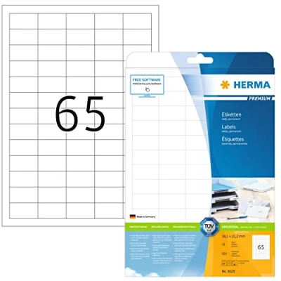 Abbildung von HERMA 8629 Universal Etiketten, 10 Blatt, 38,1 x 21,2 mm, 65 pro A4 Bogen, 650 Stück, selbstklebend, bedruckbar, matt, blanko Papier Klebeetiketten Aufkleber, weiß
