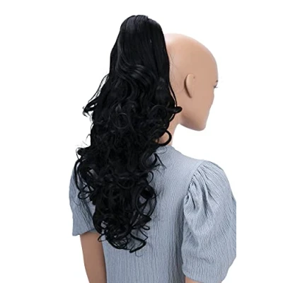 Abbildung von CAISHA 50cm Haarzopf Sarah Haarteil mit Butterflyklammer Pferdeschwanz Haarverlängerung Voluminös Gewellt Schwarz H8