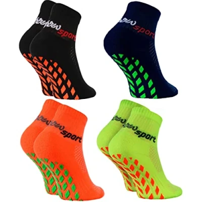 Abbildung von Rainbow Socks Jungen Mädchen Neon Sneaker Sport Stoppersocken 4 Paar Schwarz Orange Grün Blau Größen 30 35