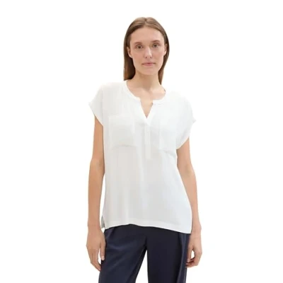 Abbildung von TOM TAILOR Damen Basic T Shirt Bluse mit Brusttaschen, sky captain blue, M