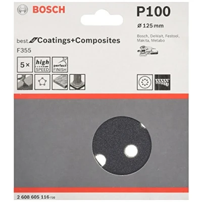Abbildung von Bosch 5x PRO Plastic and Hard Stone F355 Schleifscheibe (für Beton, Harter Stein, Ø mm, Körnung 100, Professional Zubehör Exzenterschleifer)