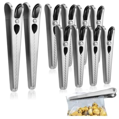 Abbildung von com four® 10 teiliges Frischhalteklammer Set aus Edelstahl Beutel Verschlussklammern Tütenclips in 2 Größen Alligator Klemmen für Lebensmittelbeutel Verschlussclips