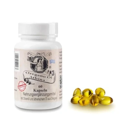Abbildung von Athina® Oregano Öl 1 x 60 Kapseln I Softgels Forte 500 mg 100 pro Kapsel &amp; 400 natives Olivenöl Extra aus Griechenland 80% Carvacrol Reine natürliche Zutaten