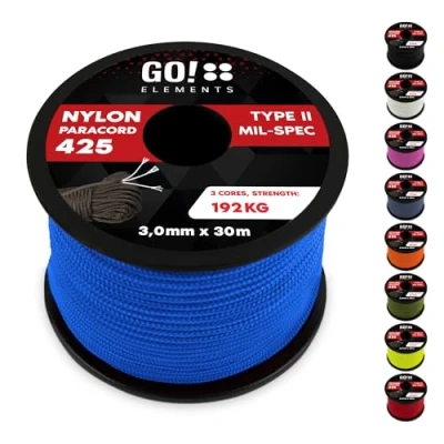 Abbildung von GO!elements 30m Paracord Seil aus reißfestem Nylon 3mm 425 Typ II max. 192kg Schnüre als Outdoor Seil, Allzweckseil, Survival Armband, Hundeleine, Nylonschnur, Farbe:Blau