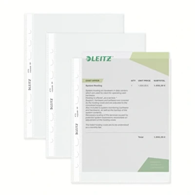 Abbildung von Leitz Standard Prospekthüllen Set, 15 Stück, A5 Format, Glasklar mit glänzender Oberfläche, Obere Öffnung, 0,075 mm PP Folie, 47756002