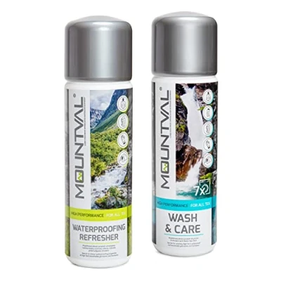 Abbildung von Mountval Premium Imprägnier Set aus Imprägnierwaschmittel &amp; Waschmittel für Funktionskleidung Outdoor 315ml Imprägniermittel 300ml Geeignet alle Textilien