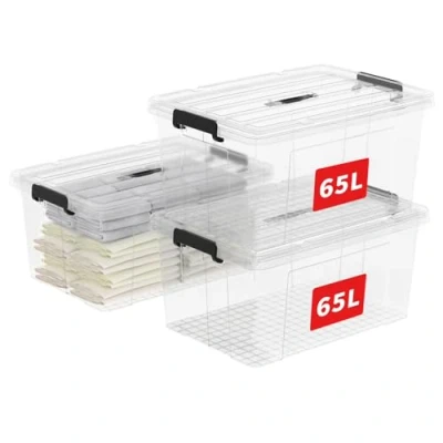 Abbildung von Cetomo,65L,3er Pack, Aufbewahrungsbox mit deckel,Aufbewahrungsboxen, Clips, stapelbar, Wohnzimmer, Schlafzimmer.lebensmittelecht,Verschlussclips,Neumaterial Plastik Box transparent