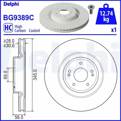 Abbildung von DELPHI BG9389C Bremsscheibe 345 30 5 Belüftet beschichtet hochgekohlt ohne Radlager, ABS Sensorring