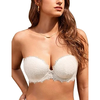 Abbildung von DOBREVA Damen Trägerloser Push Up BH Spitzen Tiefer Ausschnitt Bügel BHS Gepolsterter mit Abnehmbaren Trägern Kokosnuss Weiß 80C