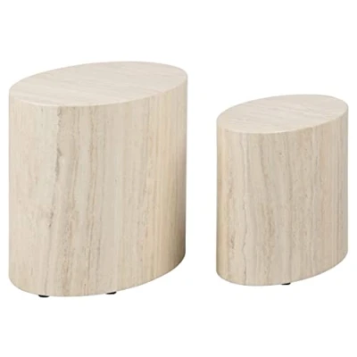 Abbildung von AC Design Furniture Rico Couchtisch in Beige Travertine Optik 2er Set, Platzsparende Ovale Beistelltische fürs Wohnzimmer, Moderne Satztische, B: 48 x H: 40 T: 33 cm und 33x 24,5