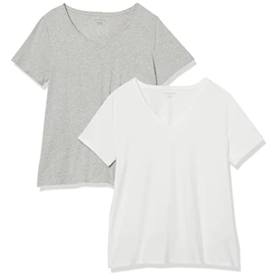 Abbildung von Amazon Essentials Damen T Shirt mit V Ausschnitt und kurzen Ärmeln in Übergröße, 2er Pack, Weiß/Hellgrau Meliert, 4XL Große Größen