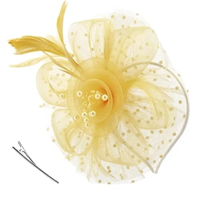 Abbildung von DRESHOW Fascinators Hut Blume Mesh Bänder Federn auf Einem Stirnband und Geteilten Clip Cocktail Tea Party Headwear für Mädchen Damen
