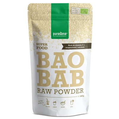 Abbildung von Baobab Bio Pulver reich an Vitaminen und Mineralstoffen. Hoher Anteil gesunden Ballaststoffen