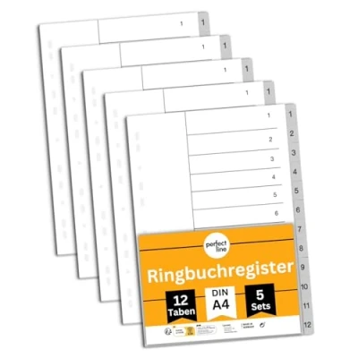 Abbildung von perfect line Ordner Register DIN A4 aus Kunststoff (PP), 12 Taben (12 teilig), 5er Set, Grau, Trennblätter für Akten Ordner, recycelbar, MADE IN GERMANY