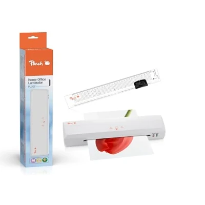Abbildung von Peach 3 in 1 Laminierset inklusive Laminiergerät, Rollenschneider, Lineal und Folien für Heim Büro geeignet alle handelsüblichen allen Grössen bis max. A4 PBP105