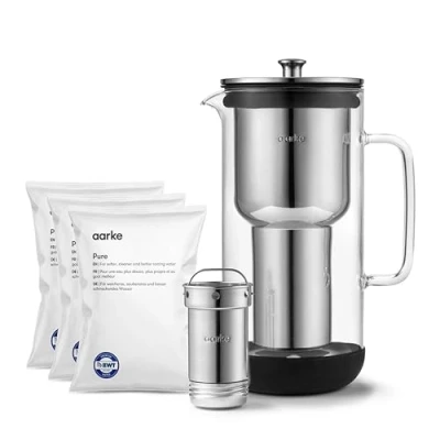 Abbildung von Aarke Purifier, Wasserfilterkaraffe aus Glas und Edelstahl, 2.4L + 3er Pack Pure Filter Nachfüllbeutel