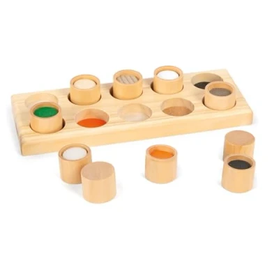 Abbildung von Small Foot Fühlmemo aus Holz, Sinnesspiel mit zehn hochwertigen Holzdosen und einem Holzbrett, ab 3 Jahren, 2064, braun