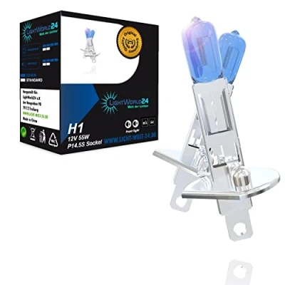 Abbildung von LIGHTWORLD24 Auto Lampe H1 Motorrad Birne Halogen Scheinwerferlampe Abblendlicht Glühbirne P14.5s Sockel 12V 55 Watt Xenon Optik 2 Stück