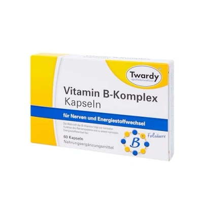 Abbildung von Astrid Twardy Vitamin B Komplex 60 Kapseln Nervensystem, Immunsystem, Energiestoffwechsel, Verringerung Müdigkeit &amp; Erschöpfung Vitamine B1, B2, B6, B12, Biotin, Niacin, Folsäure Pantothensäure