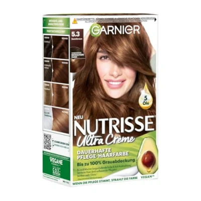 Abbildung von Garnier Nutrisse Dauerhafte Pflege Haarfarbe mit nährenden Fruchtölen, Coloration 8 Wochen Halt, Ultra Crème Tönung, 53 Samtbraun