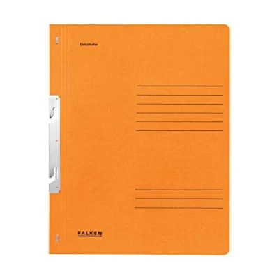 Abbildung von Original Falken 50er Pack Einhakhefter. Made in Germany. Aus Recycling Karton mit ganzem Vorderdeckel und Behördenheftung für DIN A4 orange Hefter Sammelmappe Dokumentenmappe