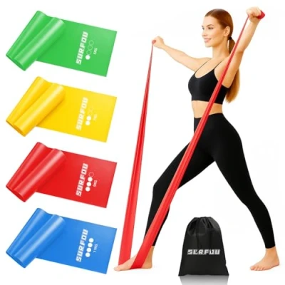 Abbildung von SURFOU Fitnessbänder Set mit 4 Widerstandsstufen, Hautfreundliche Widerstandsbänder Tragetasche, Gymnastikband, ideal für Gym, Zuhause, Yoga, Pilates, Krafttraining und Reha Training