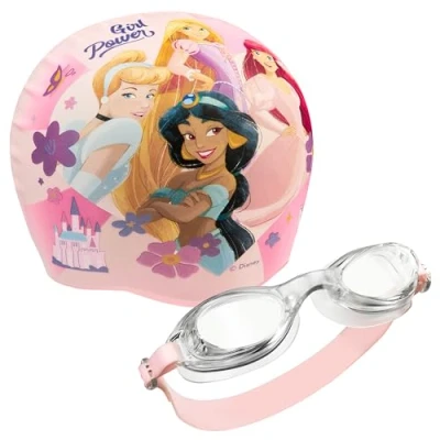 Abbildung von Disney Badekappe &amp; Schwimmbrille Kinder Set, UV Schutz, Anti Beschlag Stitch Sachen für (Rosa Prinzessin, 3 6 Jahre)