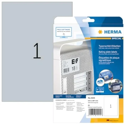 Abbildung von HERMA 4224 Typenschild Folien Etiketten silber, 25 Blatt, 210 x 297 mm, 1 pro A4 Bogen, Stück, selbstklebend, bedruckbar, wetterfest, blanko Klebeetiketten Aufkleber aus Folie