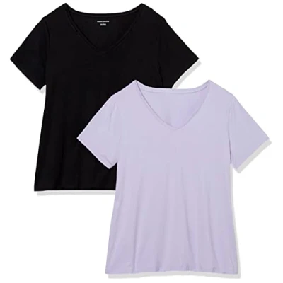 Abbildung von Amazon Essentials Damen T Shirt mit V Ausschnitt und kurzen Ärmeln in Übergröße, 2er Pack, Schwarz/Lavendel, 3XL Große Größen