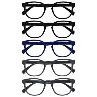 Abbildung von OPULIZE Pop Lesebrille 5er Pack Keck Rund Matt Rahmen Federscharniere Kratzfest Schwarz Blau Grau Herren Damen RRRRR2 11377 +1.00