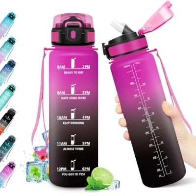 Abbildung von Wasserflasche 1L, Motivierende Trinkflasche, Auslaufsicher &amp; Zeitmarkierung, mit Strohhalm, BPA frei, Sportflasche für Sport, Schule, Fitnessstudio, Wandern, Fahrrad, Outdoor, Yoga