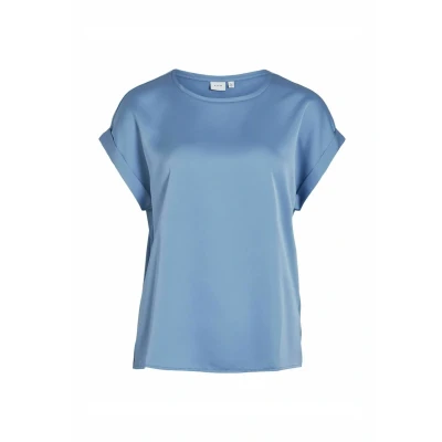 Abbildung von Vila Damen Satin Blusen T Shirt Kurzarm Basic Rundhals Top Glänzend Tunika Blouse Oberteil VIELLETTE, Farben:Blau 4, Größe:40