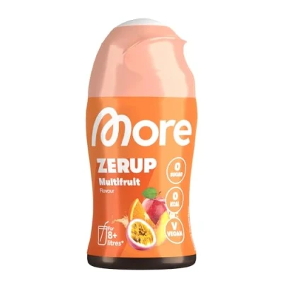Abbildung von MORE Zerup, Multifrucht, 65 ml, für bis zu 8 l Fertiggetränk, zuckerfreier Sirup mit echten Fruchtextrakten, vegan, zero Kalorien made in Germany