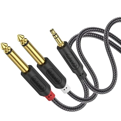 Abbildung von J&amp;D 3.5mm Klinke auf Dual 6.35mm Mono Y AudioKabel 1.8M, Nylon Geflochten Klinkenstecker Audio Splitter Kabel Digital Interface Instrument