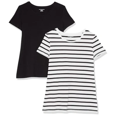 Abbildung von Amazon Essentials Damen Kurzärmeliges T Shirt mit Rundhalsausschnitt, Klassischer Schnitt, 2er Pack, Schwarz/Weiß Streifen, L