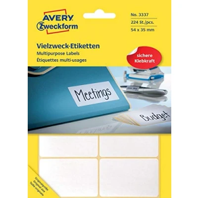 Abbildung von Avery Zweckform 3337 Haushaltsetiketten selbstklebend (54 x 35 mm, 224 Aufkleber auf 28 Bogen, Vielzweck Etiketten für Haushalt, Schule und Büro zum Beschriften Kennzeichnen) blanko, weiß