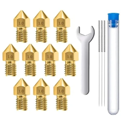 Abbildung von MMOBIEL 10 Stück Extruder für 3D Druckerdüsen, 1.0 mm, Messing MK8, kompatibel mit Creality Baureihe Ender 3, 5, CR 10/10S, Makerbot, inkl. 3 Reinigungsnadeln und Schraubenschlüssel