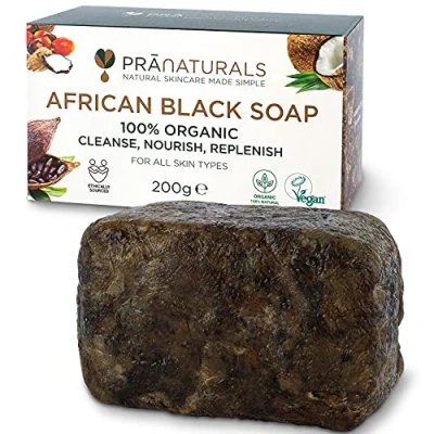 Abbildung von PraNaturals Organisch Afrikanische Schwarze Seife 200g, Vegan Kosmetik, Für Alle Hauttypen, Handgefertigt Im Tropischen Ghana